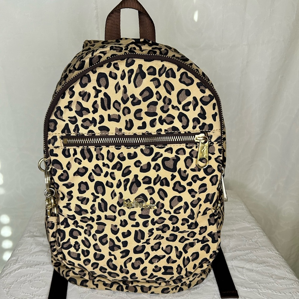 KIPLING Leopard Print nylon Backpack with Gold Ac… - image 1